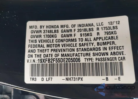 2013 Honda Civic Lx from USA, damaged, VIN 19XFB2F55DE205006